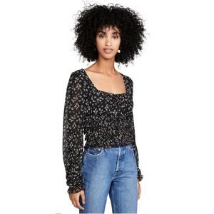 Free People Lolita Womens Long Sleeve Shirt Large Peasant Ruffle Black Floral